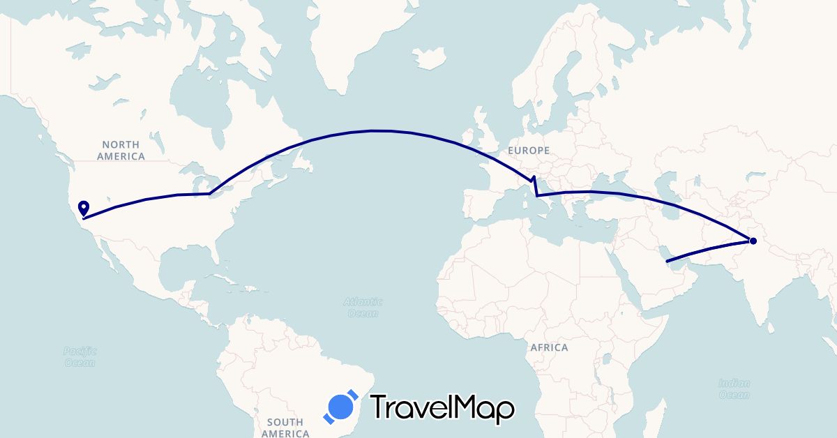 TravelMap itinerary: driving in Bahrain, India, Italy, United States (Asia, Europe, North America)